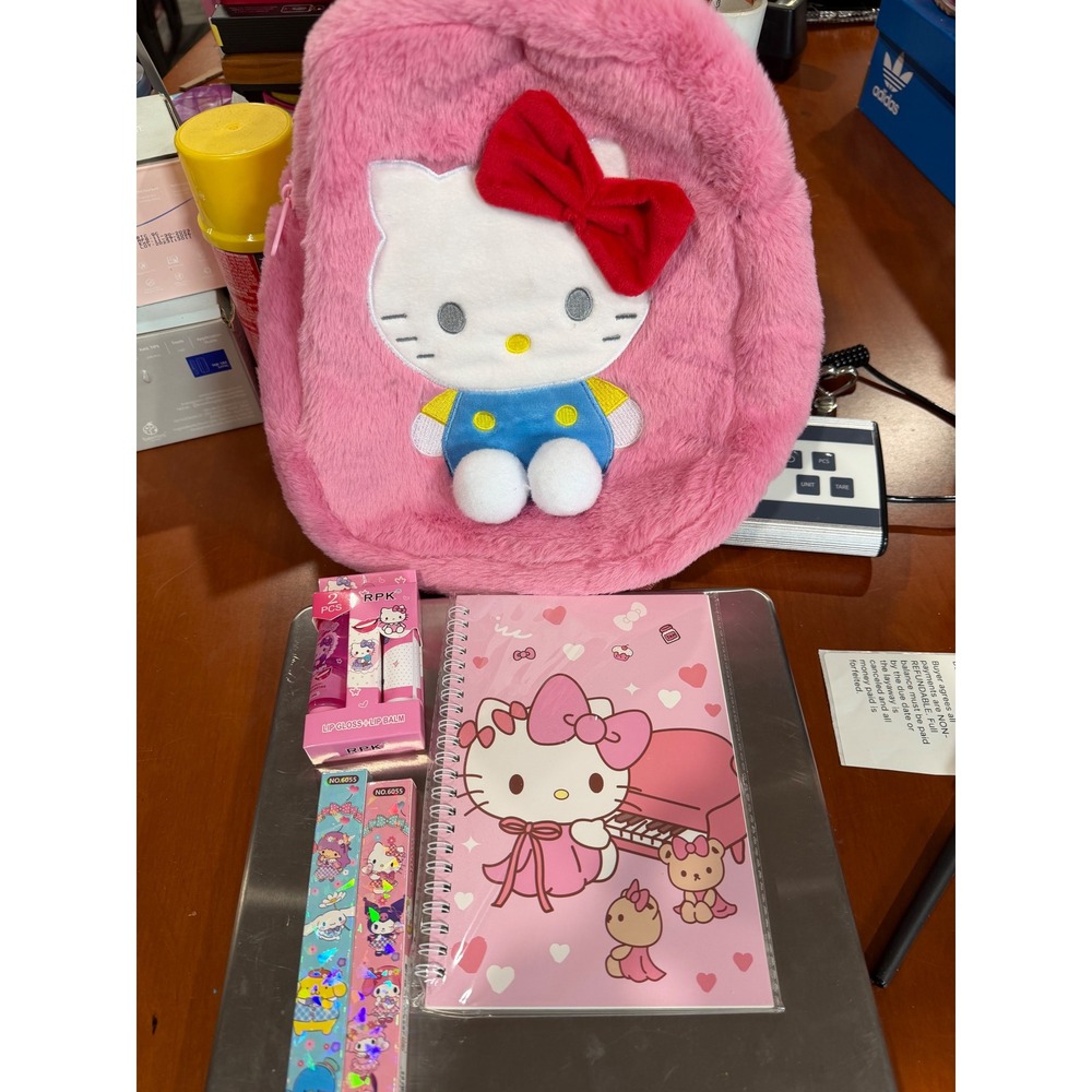 Sanrio Hello Kitty Pink Faux Fur Backpack Notebook Lip Balm and Pen Gift Set